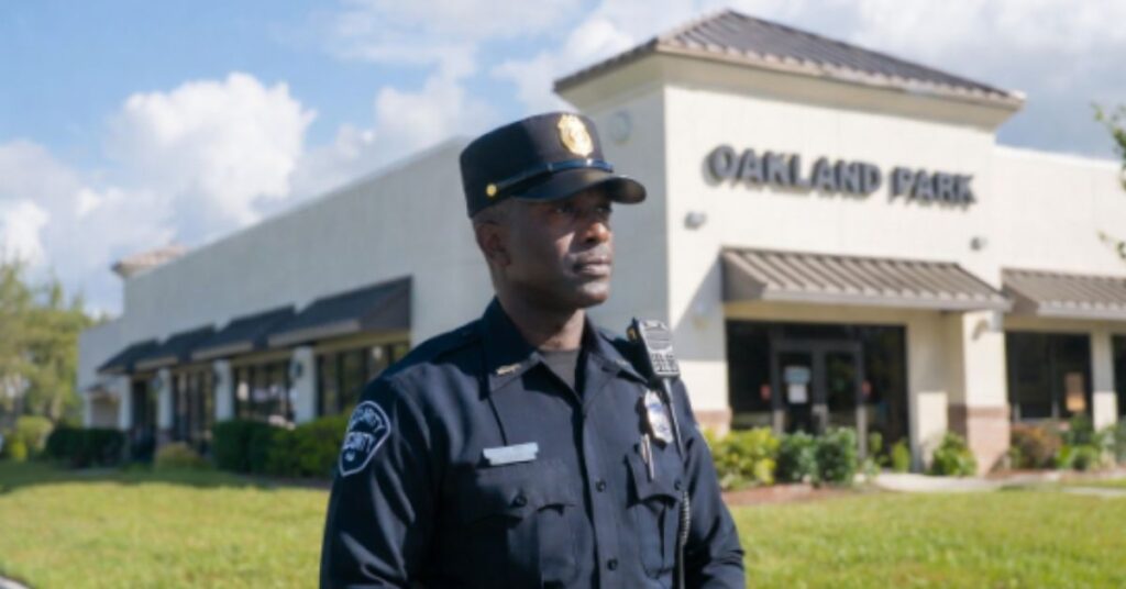 Licensed Security Guard in Oakland Park from Trident Ground Protection Security, providing professional business protection services at a commercial property